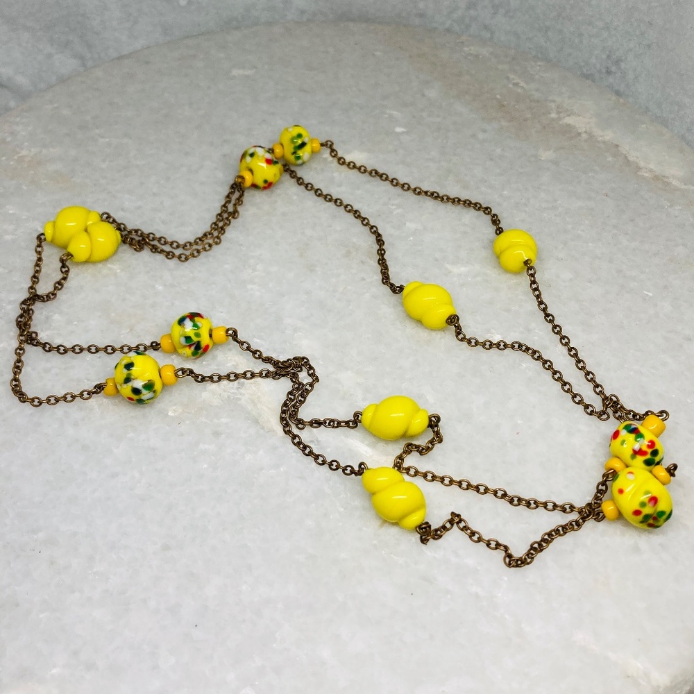 Vintage Murano Style Glass Bead Station Necklace Chain Yellow Rainbow 42”  Love